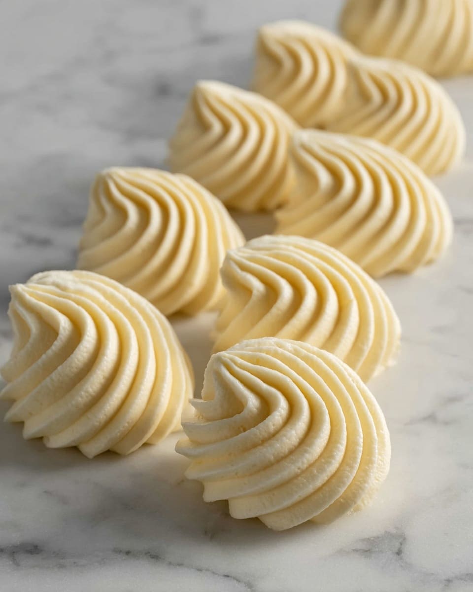 A single white glass bowl with a ribbed pattern is filled with smooth, creamy, light beige vanilla frosting that has visible small black vanilla bean specks. The frosting is generously swirled in a thick, tall spiral rising above the bowl’s edge, with a soft and velvety texture. The bowl stands on a pedestal with a ribbed texture, all placed on a white marbled surface with a soft background that keeps the focus on the creamy frosting. Photo taken with an iphone --ar 4:5 --v 7