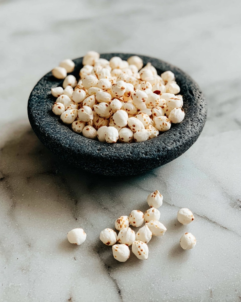 A small pile of white puffed grains with light brown specks is placed in a shallow dark stone bowl centered on a white marbled surface, with a few loose grains scattered in front of the bowl showing a round, fluffy texture. photo taken with an iphone --ar 4:5 --v 7