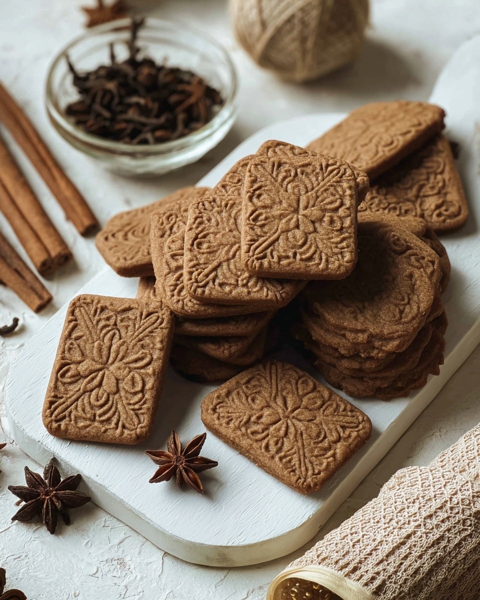A tall stack of rectangular brown cookies with rounded edges is centered on a white marbled surface, with one cookie leaning against the stack showing its detailed floral and swirl patterns etched into the surface. Around the base, there are scattered star anise, cinnamon sticks, and cloves adding warm brown and reddish tones to the scene. In the background, there is a blurred clear glass bowl and cinnamon sticks, all sitting on the white marbled surface. The light is natural and soft, highlighting the texture of the cookies and spices. Photo taken with an iphone --ar 4:5 --v 7
