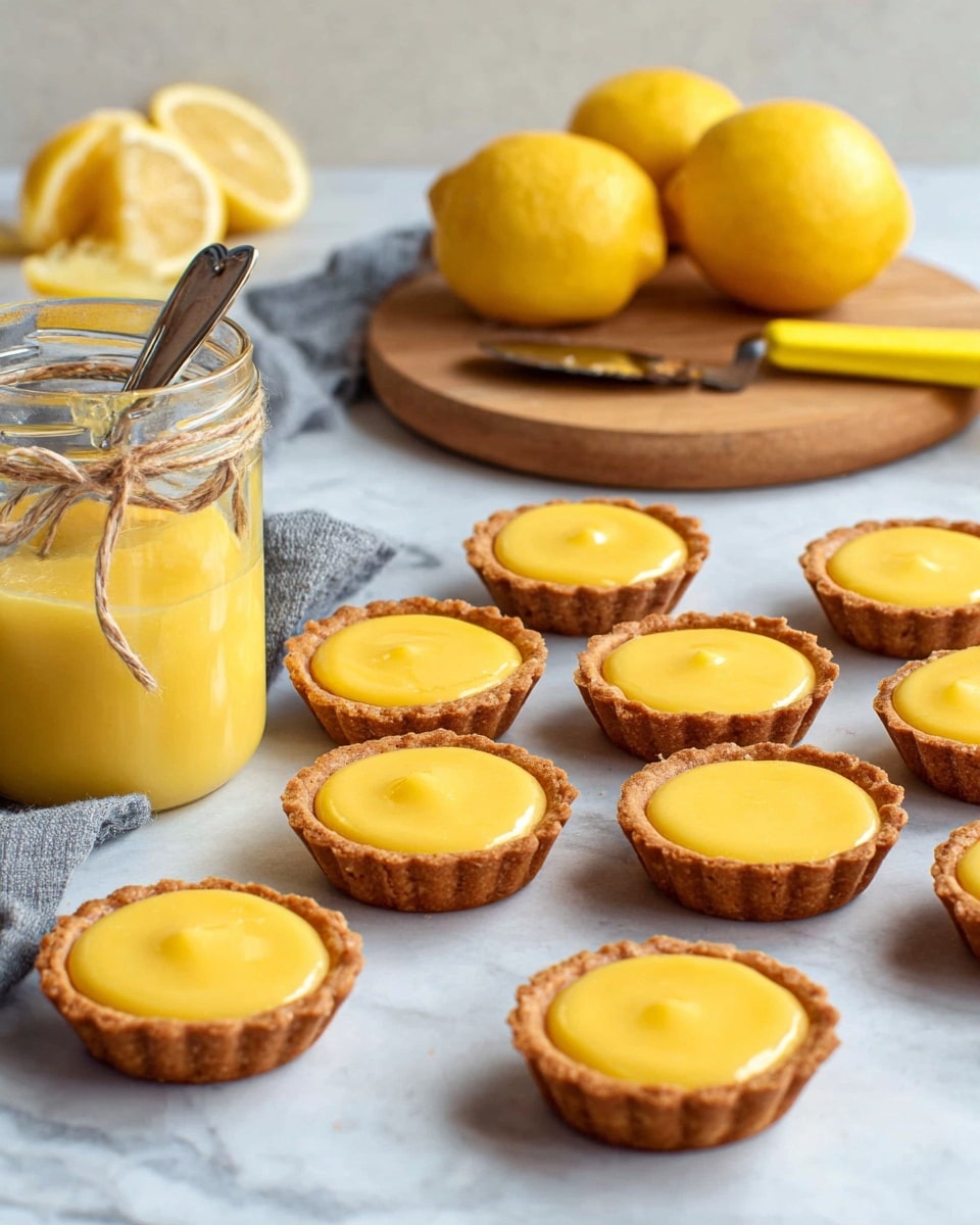 The image shows several small tartlets arranged on a white marbled surface. Each tartlet has two distinct layers: a golden-brown, textured crust with a scalloped edge forming the base and sides, and a smooth, glossy bright yellow filling sitting slightly domed within the crust. The tarts are placed at different angles, showing the thickness and even color of both crust and filling, with a soft natural light enhancing the colors and textures. Photo taken with an iphone --ar 4:5 --v 7