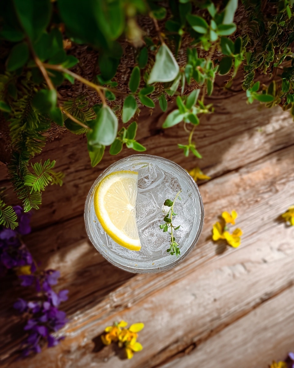 A clear glass filled with ice cubes and a slice of lemon floating on top, garnished with a small sprig of green herb, sits in the center of the image. The background shows a rustic wooden surface with green hanging plants and scattered purple and yellow flowers around the glass. The overhead view highlights the freshness and simplicity of the drink, capturing the light reflecting off the ice. Photo taken with an iphone --ar 4:5 --v 7