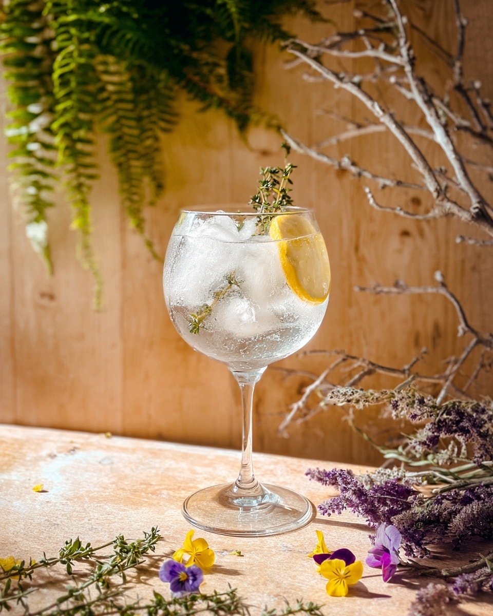A clear glass with a round bowl shape and long stem is filled with sparkling clear liquid and large white ice cubes. Inside the glass, there is a thin round slice of lemon in yellow color near the top, and a small green sprig of herb resting on the ice cubes. The glass sits on a light wooden surface scattered with small purple and yellow flowers and green leaves. The background shows a light brown wooden wall with thin green fern leaves hanging down and some white branches laying against the wall. photo taken with an iphone --ar 4:5 --v 7