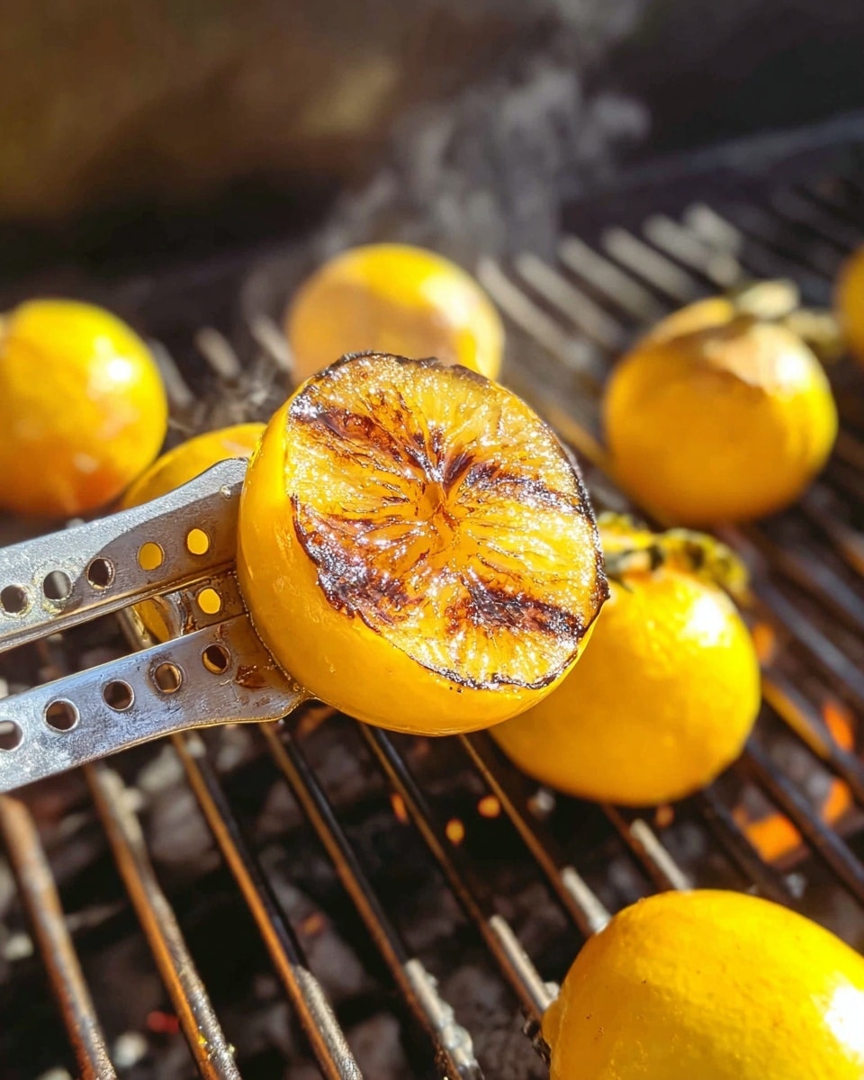 A close-up of a grilled yellow fruit half held by metal tongs with holes, showing char marks and a slightly caramelized texture with steam rising from it. Surrounding it are several whole yellow fruits on a black grill with metal bars. The setting is an outdoor grill with a warm light highlighting the juicy and smoky surface of the grilled fruit. photo taken with an iphone --ar 4:5 --v 7