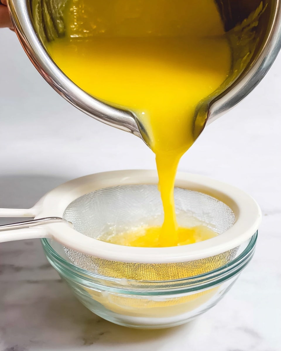 A close-up image shows a thick, bright yellow mixture being poured from a shiny silver pot into a fine mesh white strainer held over a clear glass bowl. The smooth, glossy yellow liquid flows gently from the pot, capturing light and showing slight texture on its surface. The scene is set on a white marbled surface with a clean look. A woman's hand, partially visible, holds the pot steady as the liquid pours. The clear bowl underneath waits to catch the strained mixture. Photo taken with an iphone --ar 4:5 --v 7