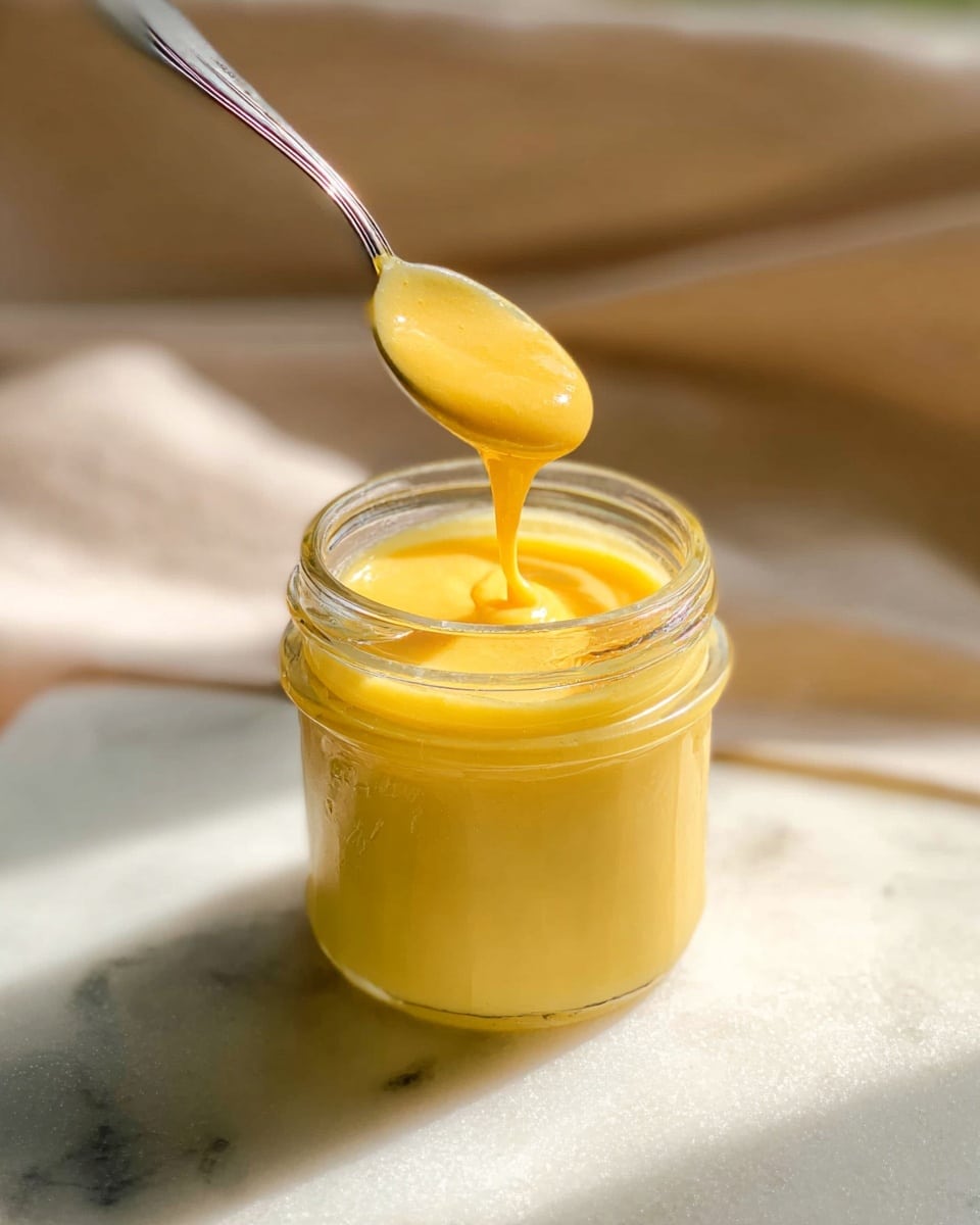 A clear glass jar filled with thick, smooth, bright yellow sauce. A spoon is held above the jar, dripping the same yellow sauce back into it. The jar sits on a white marbled surface with soft natural light casting shadows around it. The background is softly blurred, showing a warm tone with a woman's hand holding the spoon partially visible. photo taken with an iphone --ar 4:5 --v 7