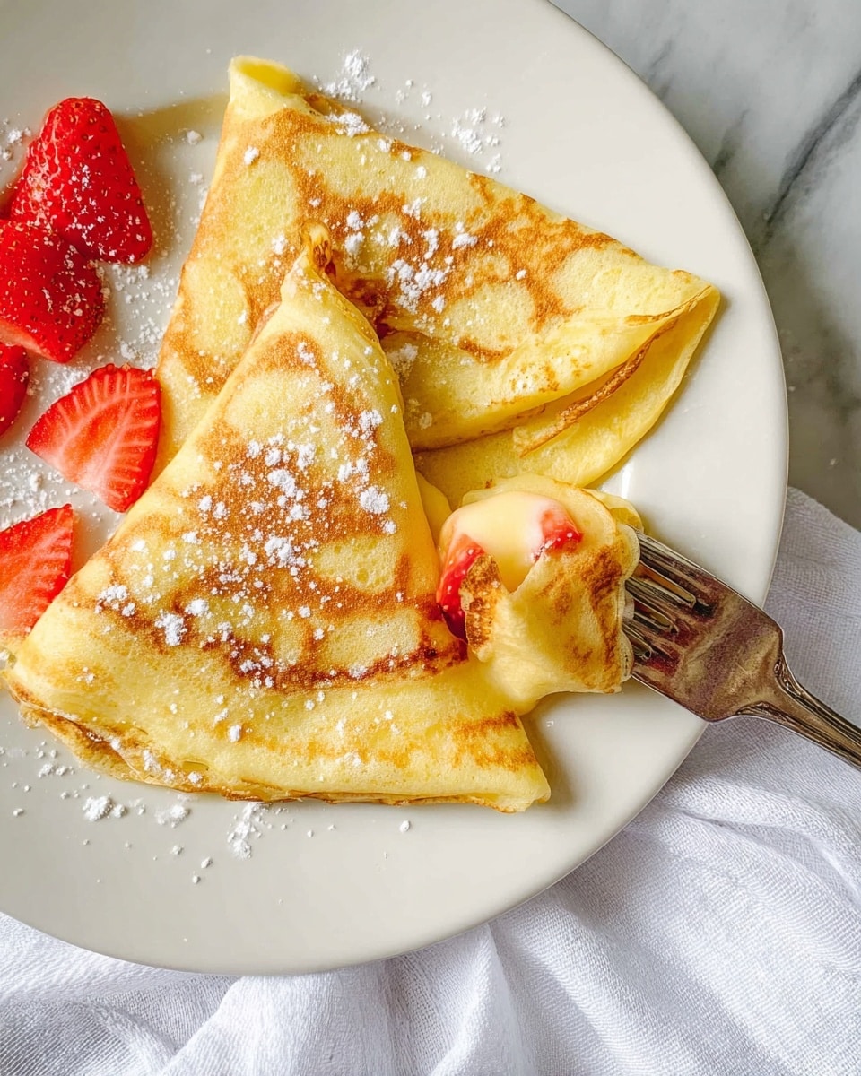 The image shows a white plate with a brown rim holding three folded crepes, each drizzled with a light yellow sauce and sprinkled with powdered sugar. The crepes are golden brown with a slightly crispy texture and are layered one over another, mostly covering the plate center. On the left side of the plate, there are two lemon slices placed side by side, and two halved strawberries with their green tops still on. The plate sits on a white marbled surface with a silver strainer spoon beside it. Photo taken with an iphone --ar 4:5 --v 7