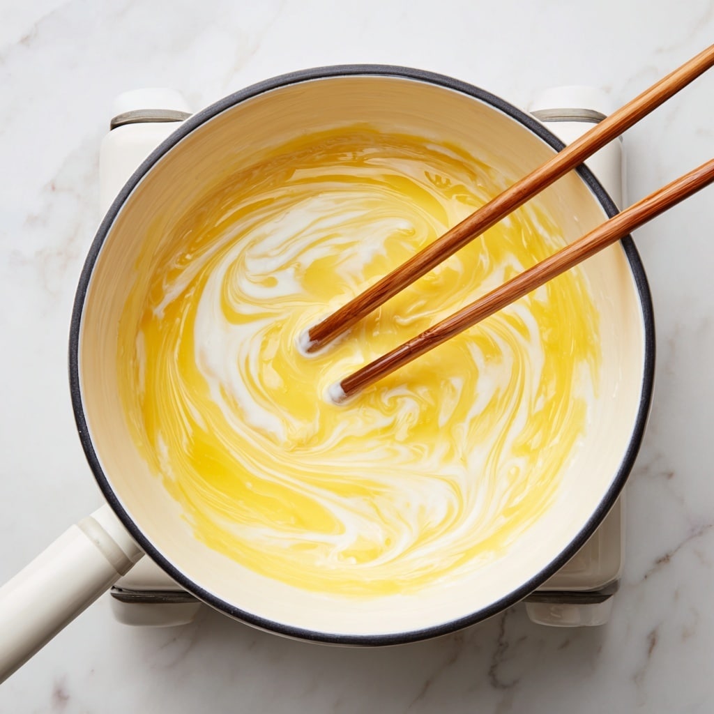 A white pot with a black rim sits on a stovetop above a white marbled surface, filled with a swirling mix of yellow melted butter and white creamy liquid. A woman's hand holds two wooden chopsticks, stirring the glossy, warm mixture. The colors blend softly, with the yellow and white forming smooth waves in the pot's center, showing a rich, melting texture. Photo taken with an iphone --ar 4:5 --v 7