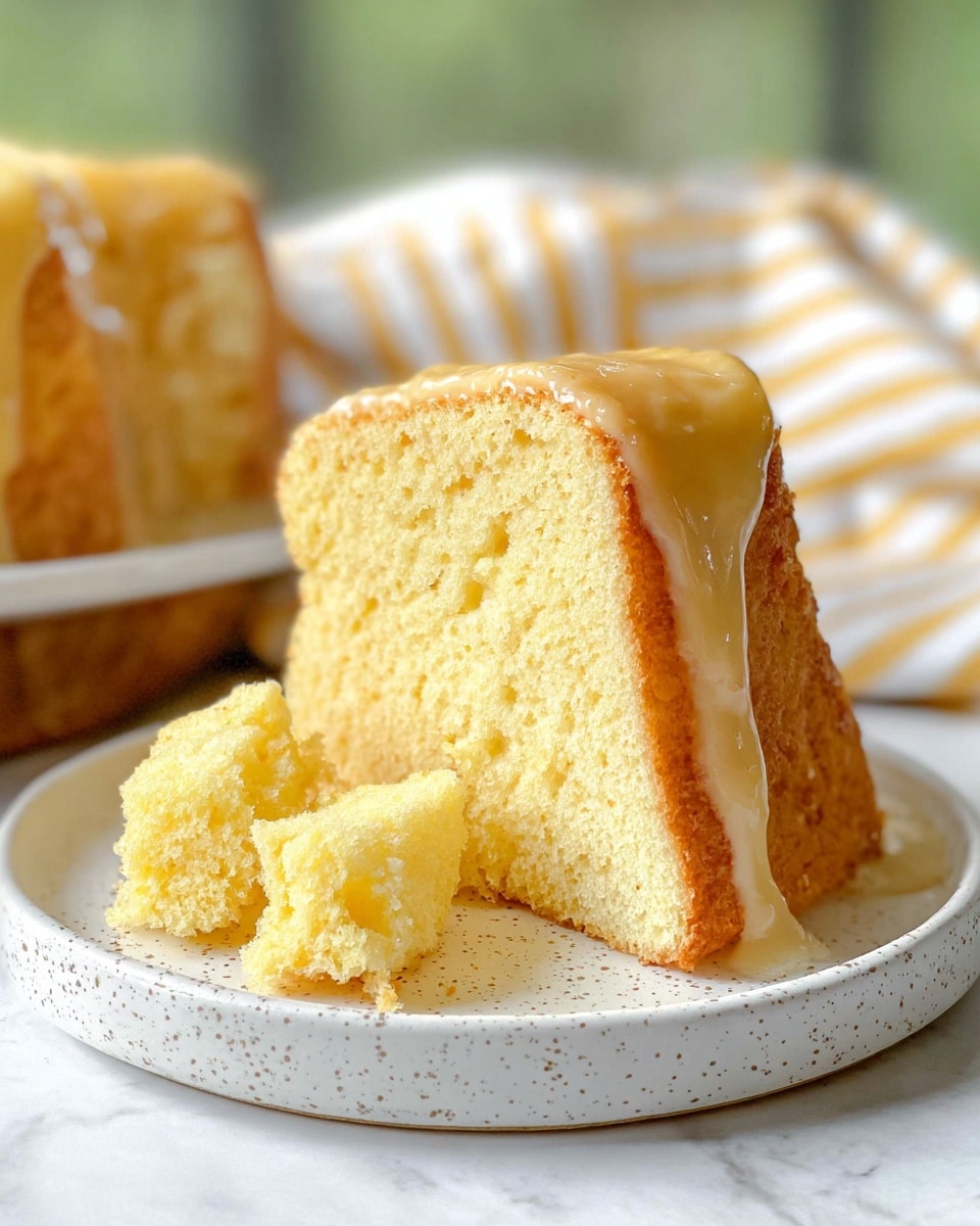 A close-up of a single thick slice of light yellow sponge cake with a soft and airy texture, placed upright on a white speckled plate. The top of the cake is coated with a smooth, pale yellow glaze that gently drips down the sides. Next to the slice are small cake pieces, showing the same light and fluffy texture. The scene has a softly blurred green background and a soft white marbled surface underneath the plate, with white and yellow striped fabric in the background. Photo taken with an iphone --ar 4:5 --v 7