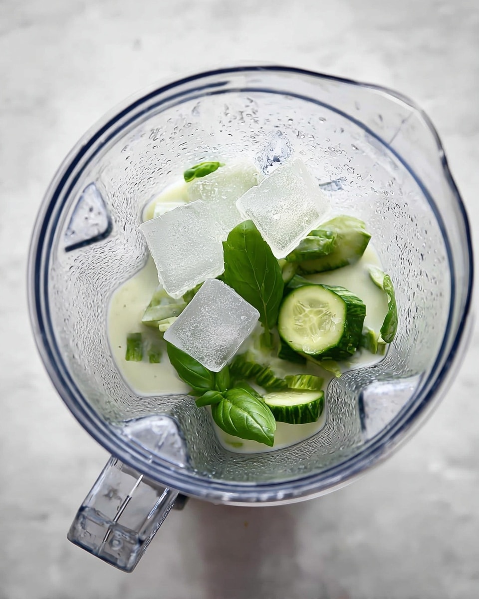 A clear blender jar viewed from above with several large ice cubes on top, bright green cucumber pieces cut into thick rounds scattered beneath the ice, fresh green basil leaves lying next to the cucumbers, and a whitish creamy liquid base at the bottom. The blender is placed on a white marbled surface that softly reflects light. The texture inside the jar shows small water droplets clinging to the sides. photo taken with an iphone --ar 4:5 --v 7