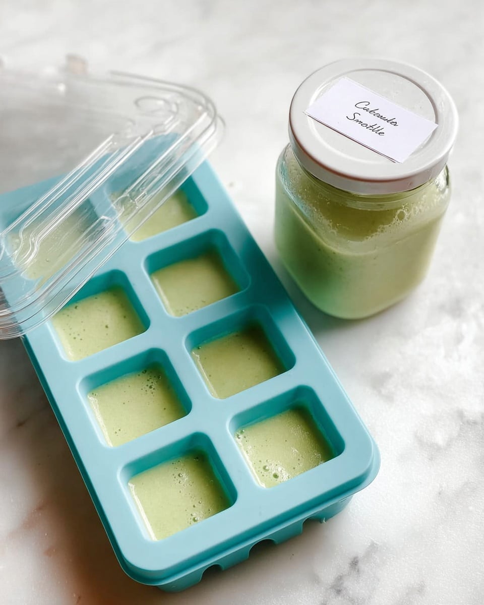 Two glasses of pale green smoothie sit on a wooden board against a white marbled background. The glass in front has a clear straw and a textured pattern with raised geometric shapes, filled with thick, frothy pale green smoothie. Behind it is a simpler clear glass of the same smoothie, smooth on the outside. To the left, fresh green cucumbers and bright green basil leaves rest on the board near half a cut lime showing its juicy interior. At the top left, a blender container with some remaining smoothie inside is slightly blurred. A soft beige cloth with gentle folds is placed on the lower right side. Photo taken with an iphone --ar 4:5 --v 7
