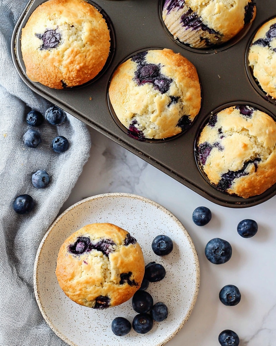 The image shows golden-brown blueberry muffins with a slightly cracked top, baked in a dark metal muffin tray. The muffins have visible large blueberries inside, bursting with deep purple and blue colors that peek through the light, fluffy texture of the muffin. Around the tray, there is a white speckled plate holding three more muffins, all with similar colors and textures. Scattered fresh blueberries with dark blue shades lie on a light grey cloth and on a white marbled surface below. The light in the scene brightens the muffins, showing their soft crumb and the juicy blueberries inside. photo taken with an iphone --ar 4:5 --v 7