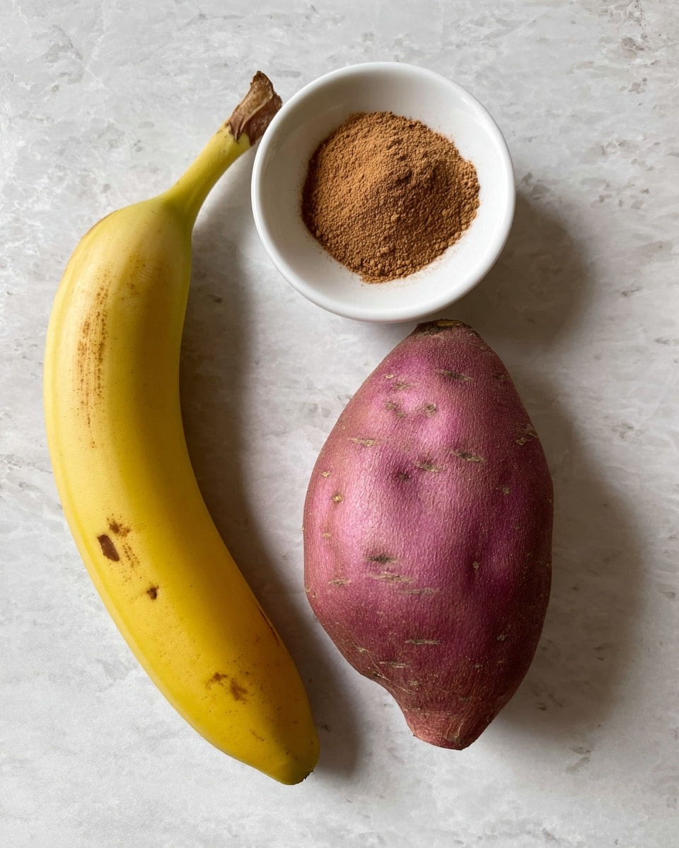 The image shows three main items placed on a white marbled surface: a ripe yellow banana with small brown spots on the peel on the left, a large purple sweet potato with some small marks on the skin on the right, and a small white bowl above them containing a heap of brown powder, likely a spice. The objects are spaced apart, with the bowl positioned slightly above the two larger items, creating a simple, clean composition. photo taken with an iphone --ar 4:5 --v 7