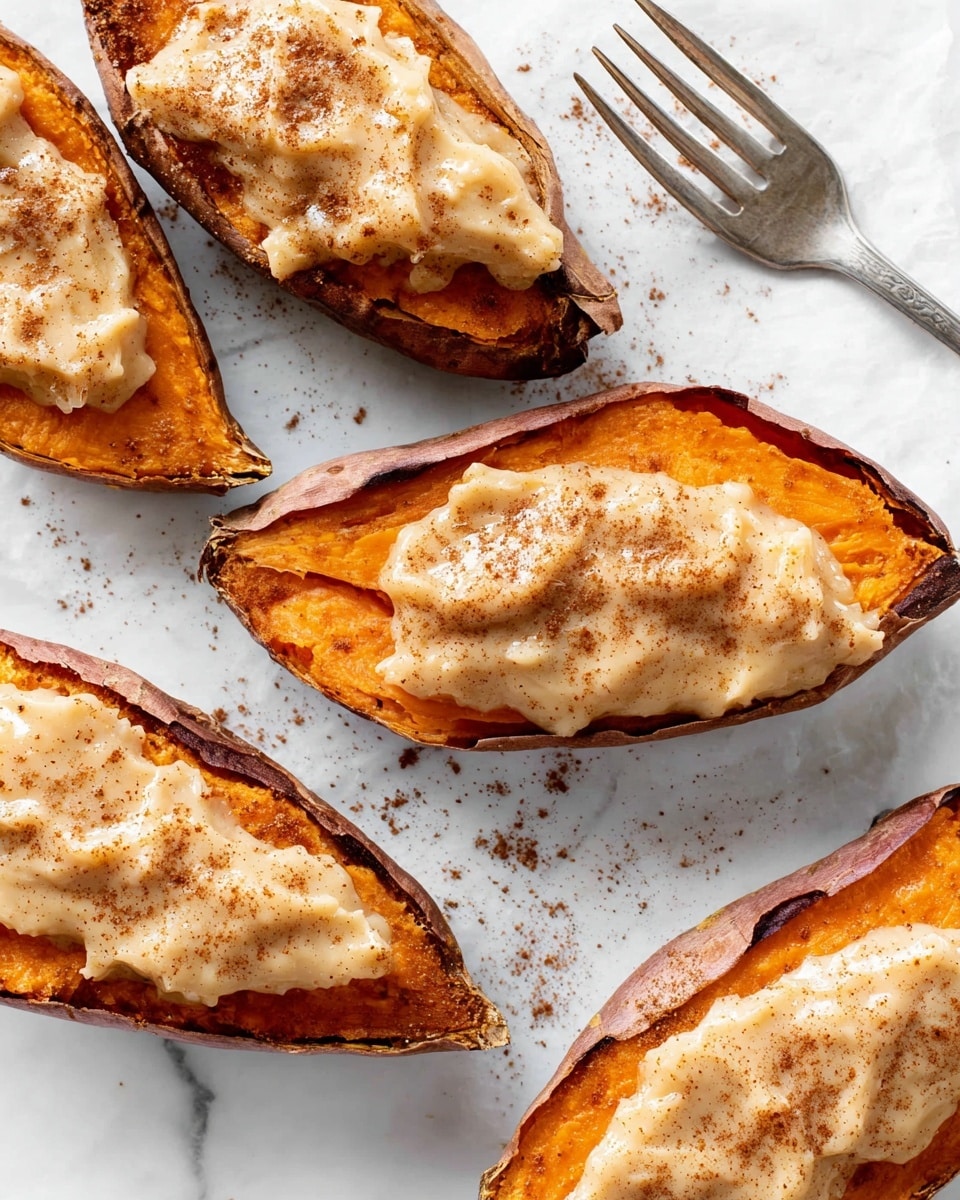 Five baked sweet potato halves with a bright orange, soft inside and brown, slightly wrinkled skin edges. Each half is topped with a creamy, light beige sauce that looks smooth with a slightly lumpy texture, sprinkled with fine brown cinnamon powder. In the upper right corner, there is a white bowl filled with more cinnamon powder, with some powder scattered on the white marbled surface around the potatoes. The scene is bright and clean, showing the natural colors and textures clearly. Photo taken with an iphone --ar 4:5 --v 7