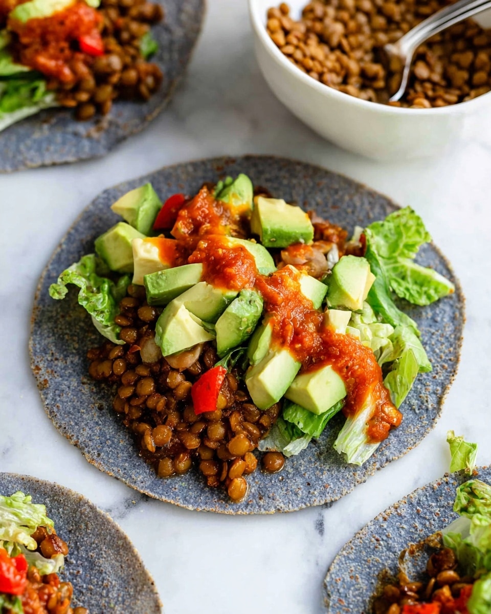 A close-up view of a blue corn tortilla taco placed on a white marbled surface, layered first with cooked brown lentils mixed with small pieces of red bell pepper, followed by a layer of chopped green lettuce on one side, topped with diced bright green avocado cubes and scattered red tomato pieces, finished with a spoonful of reddish salsa drizzled over the top. In the background, there is a white bowl filled with lentils and a silver spoon, with part of another similar taco visible on the right edge of the image. Photo taken with an iphone --ar 4:5 --v 7