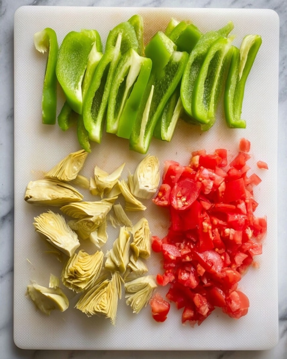 The image shows a white cutting board on a white marbled surface with three groups of chopped vegetables arranged neatly. The top group consists of bright green bell pepper slices, long and thin with a smooth texture, aligned horizontally. Below to the left are several pale yellow artichoke pieces, irregular in shape with layered, soft-looking leaves. To the bottom right, there are small, bright red chopped tomato pieces with a juicy texture. The overall arrangement is clear and organized, showing fresh, colorful vegetables photo taken with an iphone --ar 4:5 --v 7