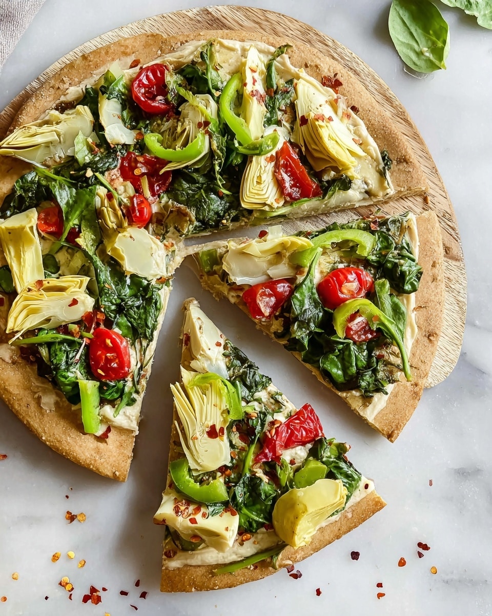 A round flatbread with a thick golden crust is spread with a creamy light beige layer. On top, there are three layers of fresh vegetables: bright green spinach and other leafy greens, pale yellow artichoke hearts with a soft texture, and red tomato pieces along with green bell pepper strips scattered evenly. The flatbread is sliced into three large triangular pieces placed on a white marbled surface with some red pepper flakes sprinkled lightly on the toppings. Photo taken with an iphone --ar 4:5 --v 7