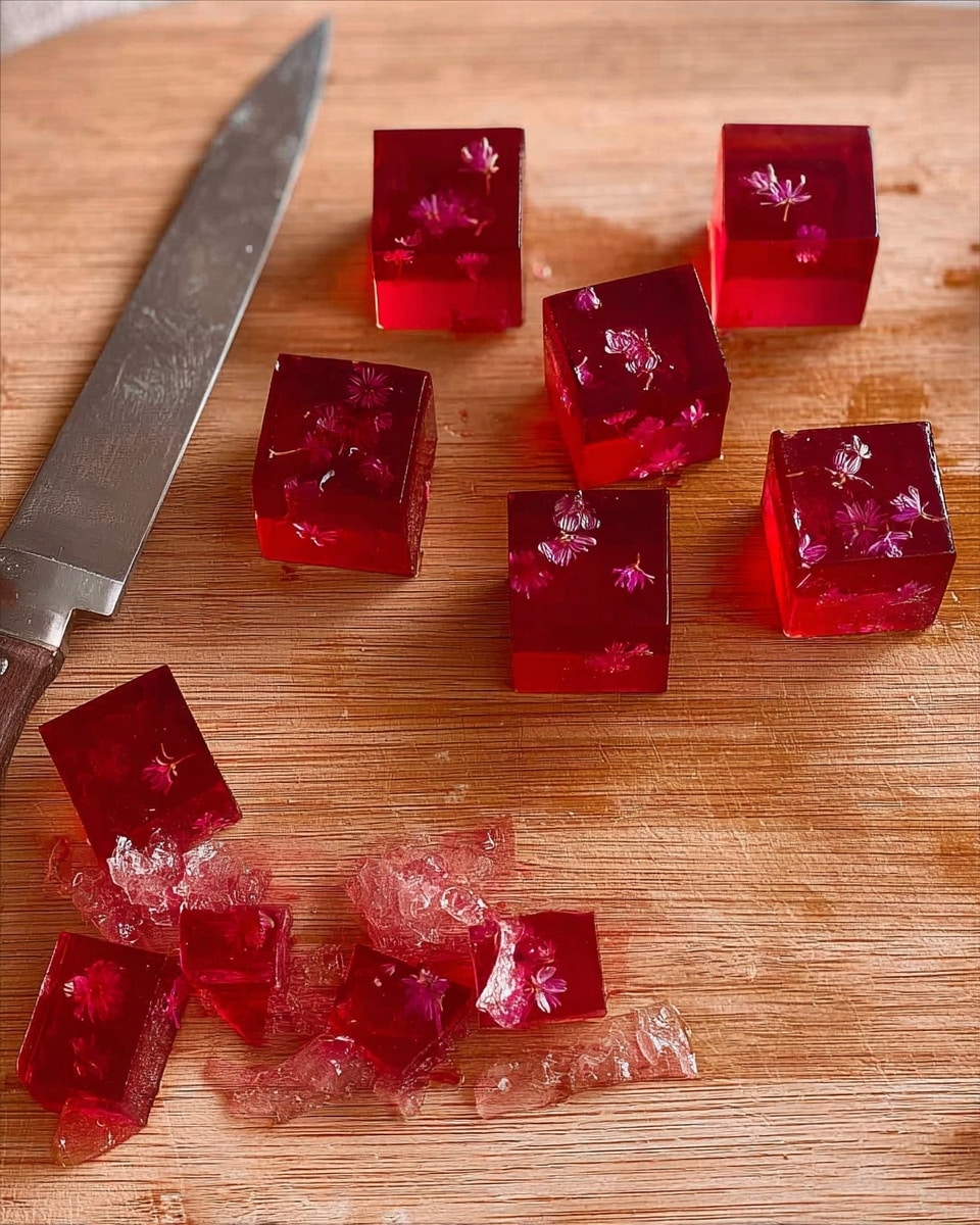 The image shows a white plate full of shiny red jelly cubes stacked in two layers, with some cubes placed on top of others. Around the jelly cubes are delicate bright pink flowers, and more pink flowers mixed with green leaves lay around the plate. The plate is placed on a natural brown woven surface, and the background is a white marbled texture. The jelly cubes are translucent with smooth edges and a firm texture photo taken with an iphone --ar 4:5 --v 7