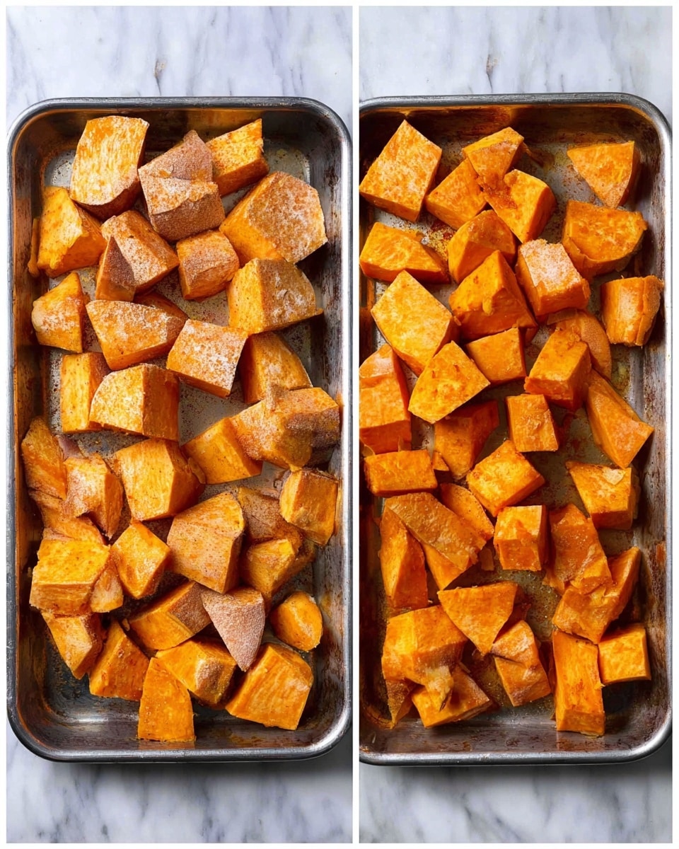 The image shows two side-by-side metal trays on a white marbled surface, each filled with chunks of sweet potatoes. On the left tray, the sweet potato pieces are raw, light orange with a dusting of seasoning, cut into thick, uneven shapes scattered loosely. On the right tray, the sweet potato chunks are cooked, showing a deeper orange color with a slightly shiny, soft texture and some browning spots. Each chunk retains its irregular shape, positioned close together. photo taken with an iphone --ar 4:5 --v 7