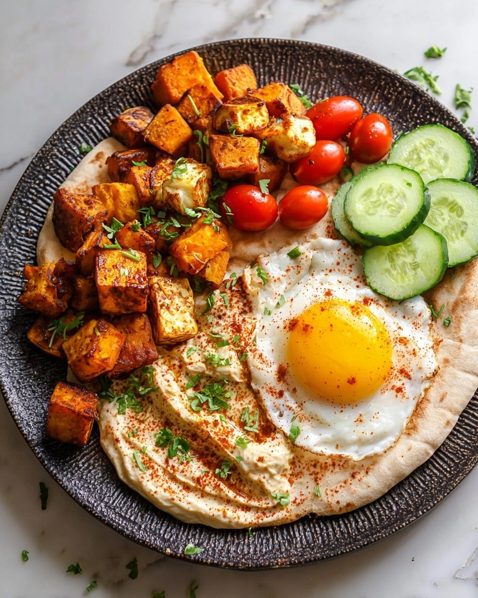 The dish is served on a dark textured plate placed on a white marbled surface. On the plate, there is a base layer of light beige flatbread. On the right side, a sunny-side-up fried egg with a bright yellow yolk and white edges is placed on top of the flatbread. Next to the egg, there are a few thin, round slices of fresh cucumber, bright green in color, laid over a layer of creamy hummus sprinkled lightly with red spice. Scattered around the hummus and flatbread are halved cherry tomatoes, vibrant red with juicy interiors. On the left side of the plate, roasted golden-brown cubes of sweet potato and pieces of halloumi cheese with a golden crust are piled, garnished with small green herb leaves. Photo taken with an iphone --ar 4:5 --v 7