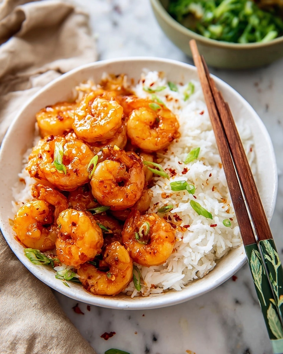 A white bowl filled with two main layers: the bottom layer is white rice with some grains separated, showing soft texture; the top layer has bright orange shrimp coated in a shiny glaze, sprinkled with small green sliced scallions and tiny red chili flakes. The shrimp are piled in the center, covering most of the rice, and there is a pair of wooden chopsticks resting on the rim of the bowl. The background is a white marbled surface with a blurred beige cloth and a green bowl in the corner. Photo taken with an iphone --ar 4:5 --v 7