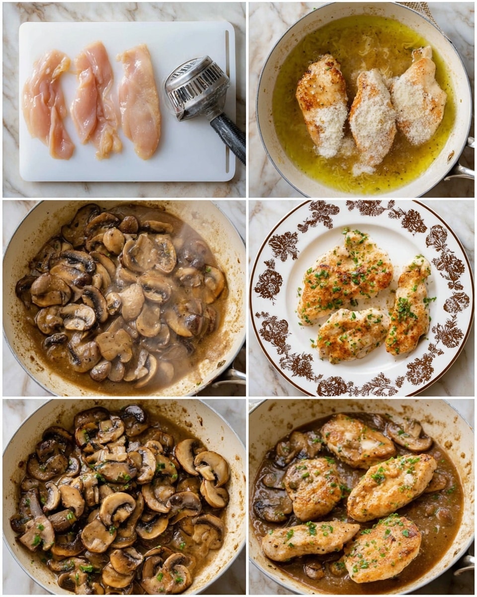 The image shows six steps of cooking a mushroom chicken dish in a 3x2 grid on a white marbled surface. The first image shows three thin, pale pink pieces of raw chicken on a white cutting board with a meat tenderizer above. The second image features the chicken pieces coated lightly with flour in melted butter in a white pan, with a shiny yellow-gold layer. The third image shows the chicken browned with a slightly golden crust, placed on a white plate with a brown floral pattern. The fourth image is a close-up of sliced brown mushrooms cooking in the white pan, with steam rising and some mushrooms showing rich brown and light tan shades. The fifth image shows the browned chicken pieces returned to the pan, now covered with a thick brown mushroom sauce and mushrooms. The sixth image displays the finished dish in the pan, with the chicken pieces fully coated in the brown mushroom sauce, garnished with chopped green herbs, and mushrooms scattered on top. Photo taken with an iphone --ar 4:5 --v 7