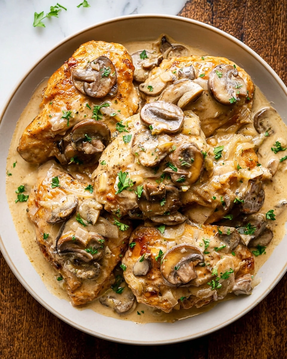 The image shows a dark pan filled with several golden-brown cooked chicken pieces covered in a thick light brown sauce. Sliced brown mushrooms and small light-colored onion pieces are mixed throughout the sauce, which has a smooth and creamy texture. Fresh green parsley leaves are sprinkled on top, adding contrast in color. The scene is placed on a white marbled surface. photo taken with an iphone --ar 4:5 --v 7