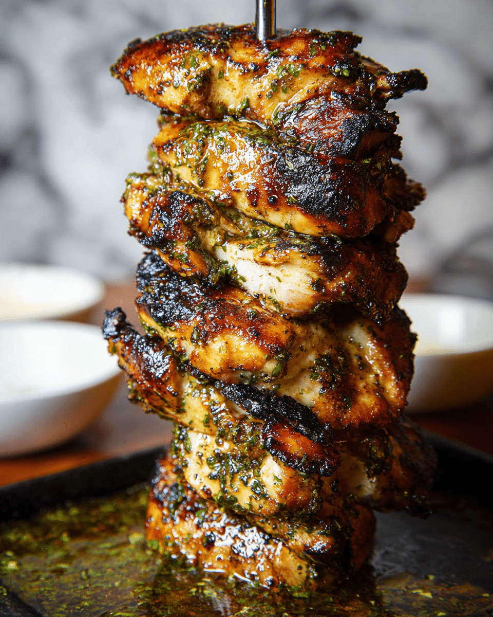 A vertical stack of grilled chicken pieces, about nine layers thick, each piece golden brown with charred edges and marinated with green herbs visible in the texture. The chicken looks juicy with a caramelized, crispy outer layer. The stack is held upright by a metal rod and is placed on a dark tray with juices pooling around the base, creating a shiny, slightly oily surface. The background has a blurred white marbled texture with a soft focus on two white bowls in the distance. Photo taken with an iphone --ar 4:5 --v 7