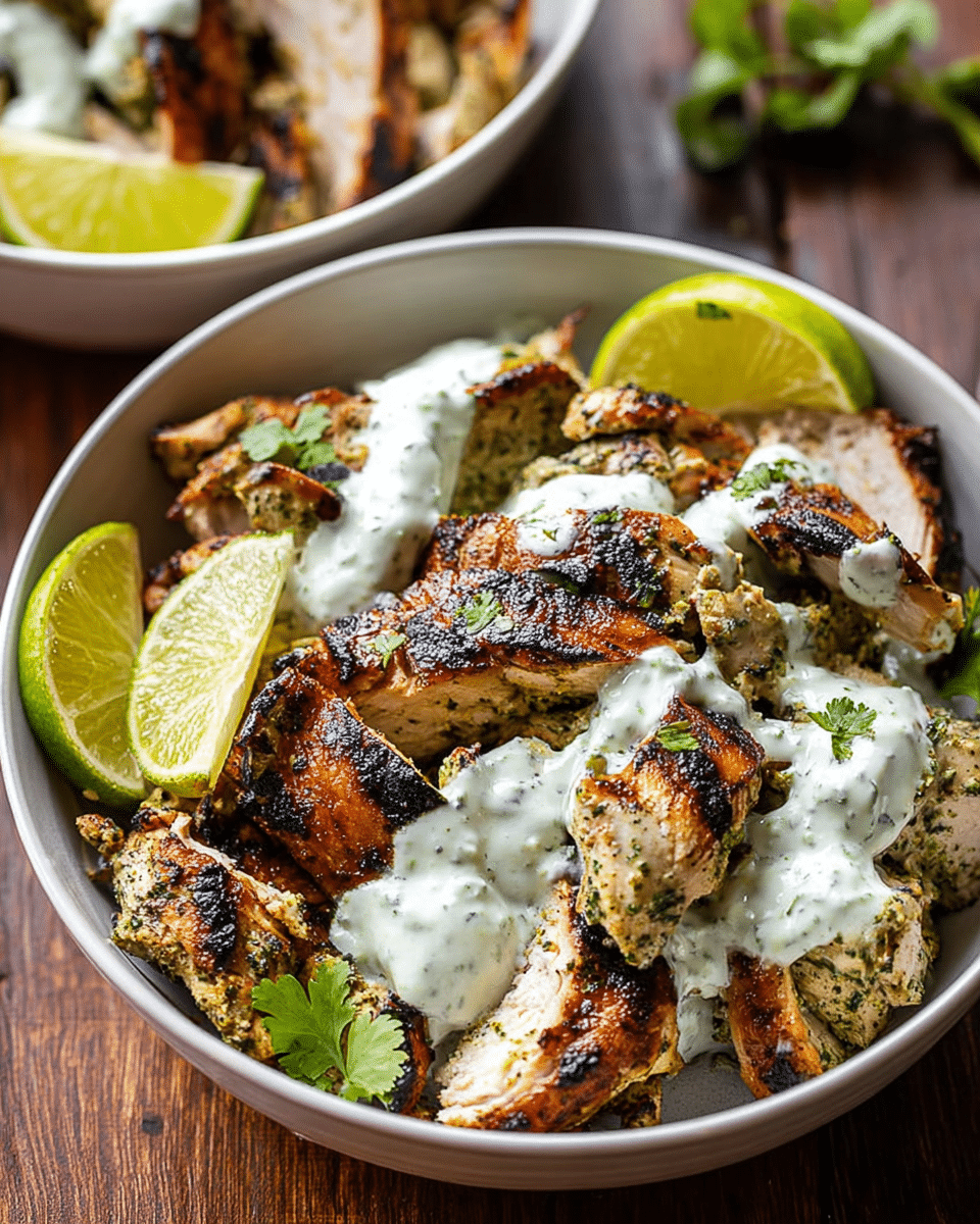 A white bowl filled with several pieces of grilled chicken layered with green herb seasoning and charred edges, topped with dollops of creamy white sauce speckled with herbs. Around the chicken, lime wedges with bright green and yellow colors create a fresh contrast. Small green leaves of cilantro are scattered on top and between the chicken pieces, enhancing the look. The bowl sits on a wooden table surface, and there is another bowl blurred in the background with more chicken and sauce. Photo taken with an iphone --ar 4:5 --v 7