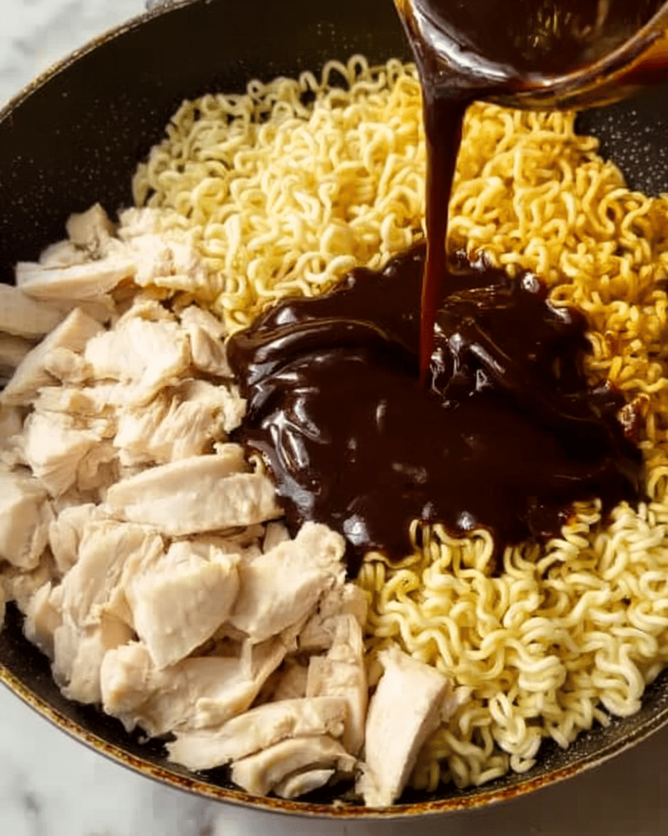 A pile of cooked noodles in a white bowl forms the base layer, mixed with thin orange carrot strips and small green onion pieces. On top, pieces of light brown cooked meat are scattered and covered with a shiny dark brown sauce. White sesame seeds are sprinkled over everything. The bowl sits on a white marbled surface with a pair of brown chopsticks resting to the right side of the bowl. Photo taken with an iphone --ar 4:5 --v 7