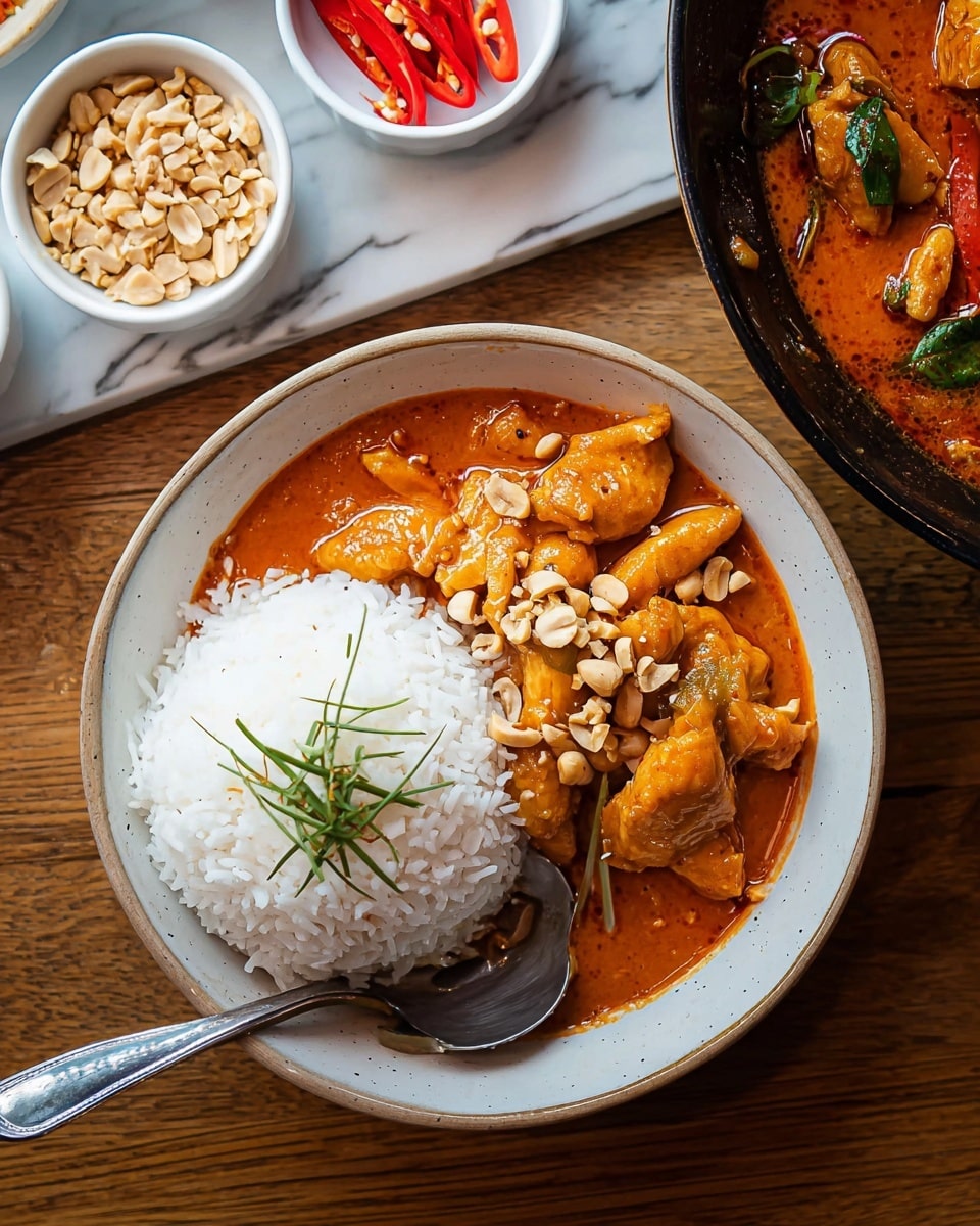 A white bowl filled with two main layers: on the left side, a mound of fluffy white rice with a few thin green leaf strips on top; on the right side, thick orange curry sauce with chunks of tender chicken pieces, scattered small chopped nuts, a few whole small red chili slices, and some green leaves mixed in, all covered slightly by the rich, creamy sauce; a silver spoon rests inside the bowl, partly in the curry, on a white marbled surface. photo taken with an iphone --ar 4:5 --v 7