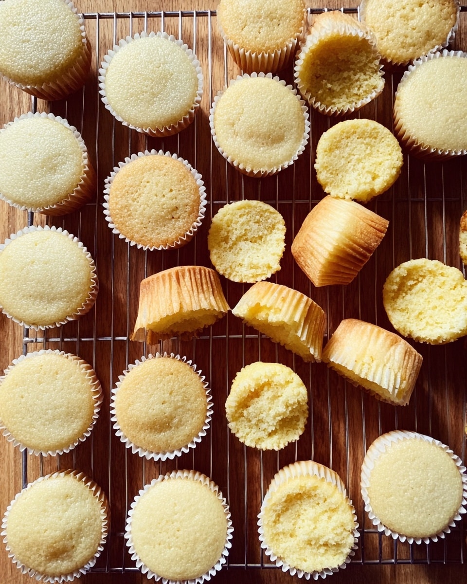 Many small round cupcakes are spread out on a wooden surface and a cooling rack. Each cupcake has a light beige top with a slightly rough texture and is in a white paper liner. Some cupcakes show the inside, which is pale yellow and fluffy. One cupcake is broken into two pieces, showing its soft inside more clearly. The scene is bright and simple with natural light from above, highlighting the soft texture of the cupcakes. photo taken with an iphone --ar 4:5 --v 7