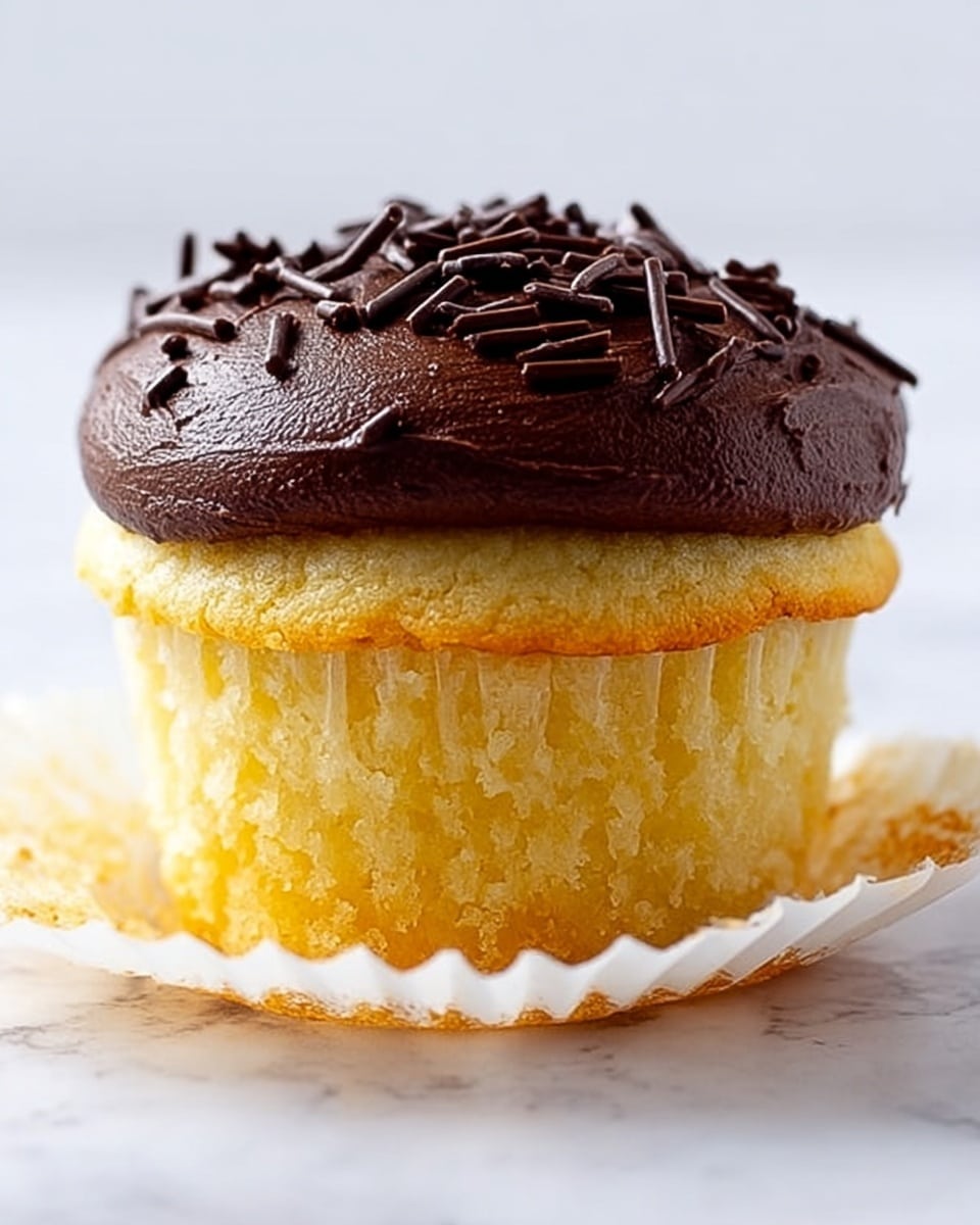 The image shows a close-up of a single vanilla cupcake with a thick layer of dark chocolate frosting on top. The frosting is rich and smooth with a slightly glossy texture, sprinkled with small, thin chocolate sprinkles scattered unevenly over the surface. The cupcake liner is white, partially peeled away, revealing the soft and light yellow cake underneath. The background is a white marbled surface that is blurred softly, making the cupcake the clear focus of the image. photo taken with an iphone --ar 4:5 --v 7
