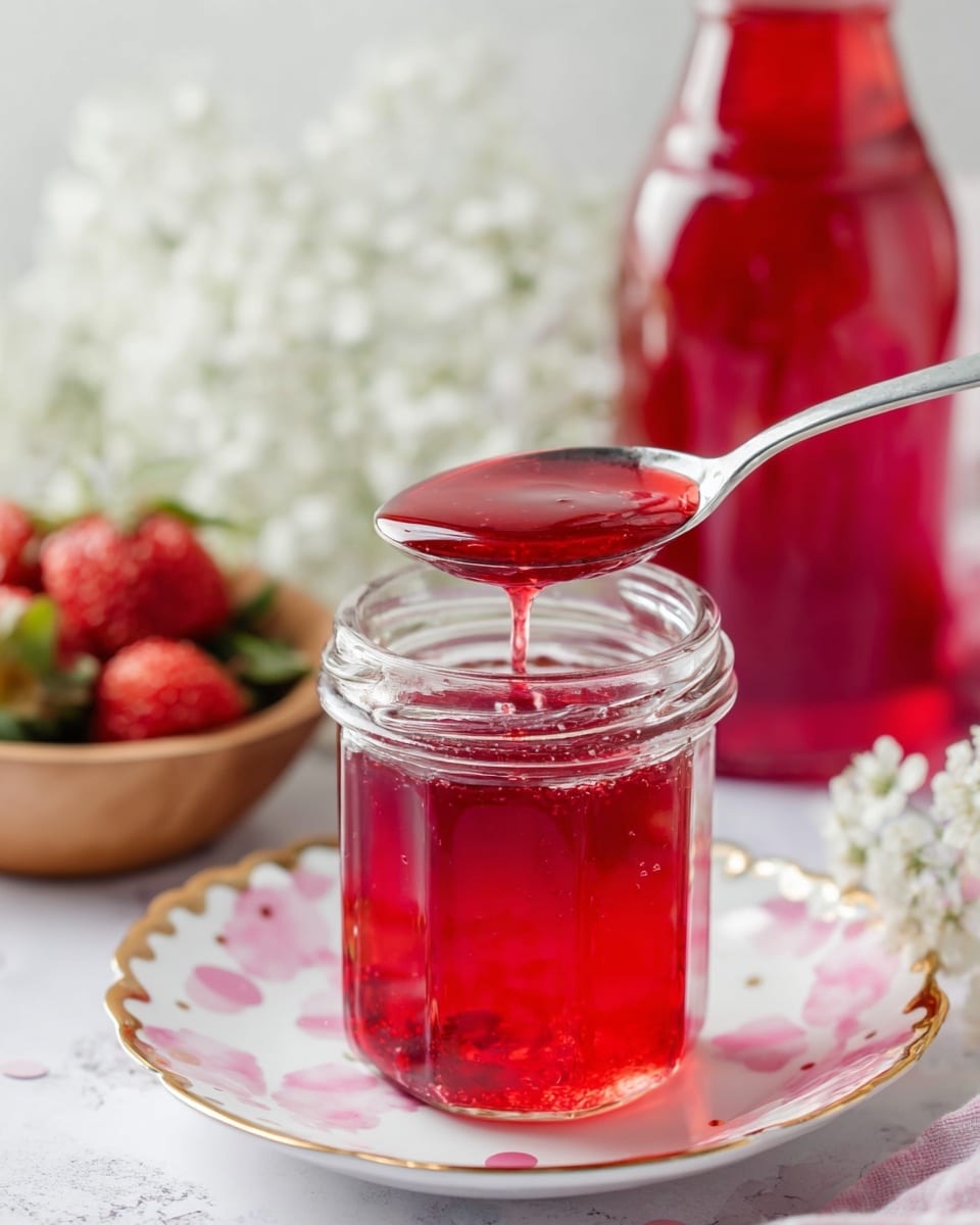 A clear glass jar filled with a bright red jelly-like liquid sits on a white plate with pink polka dots and gold trim, placed on a white marbled surface. A silver spoon, held by a woman's hand, is scooping some shiny, smooth red jelly from the jar, showing its thick texture and slight translucence. In the background, there is a tall glass bottle filled with the same red liquid, as well as a wooden bowl with fresh strawberries that have green leaves. White delicate flowers are softly blurred behind the jar, adding a gentle touch to the scene. Photo taken with an iphone --ar 4:5 --v 7
