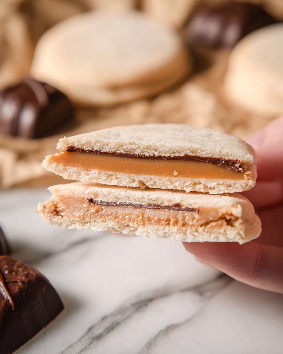 The image shows a close-up view of three pieces of layered pastry stacked on top of each other. Each piece has two visible layers of light, flaky, pale beige crust with a thick, smooth, light brown filling in the middle. The flaky layers look crisp and slightly cracked, contrasting with the creamy texture of the filling. They are placed on a woven surface with a soft, white marbled texture in the background, giving a clean and simple look. photo taken with an iphone --ar 4:5 --v 7
