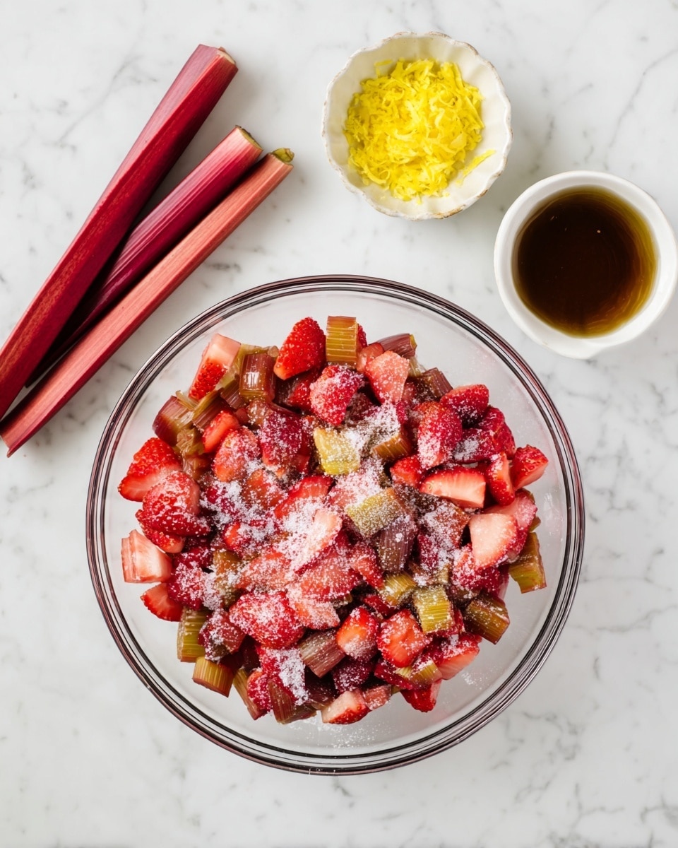 A clear glass bowl filled with two layers of fruit: diced rhubarb with a reddish-purple color and cut strawberries with a bright red color mixed throughout, all sprinkled with a layer of white sugar on top. To the left of the bowl lie two whole reddish rhubarb stalks, and to the right, two small white bowls hold shredded yellow lemon zest and dark brown vanilla extract. The whole setup is on a white marbled surface. photo taken with an iphone --ar 4:5 --v 7