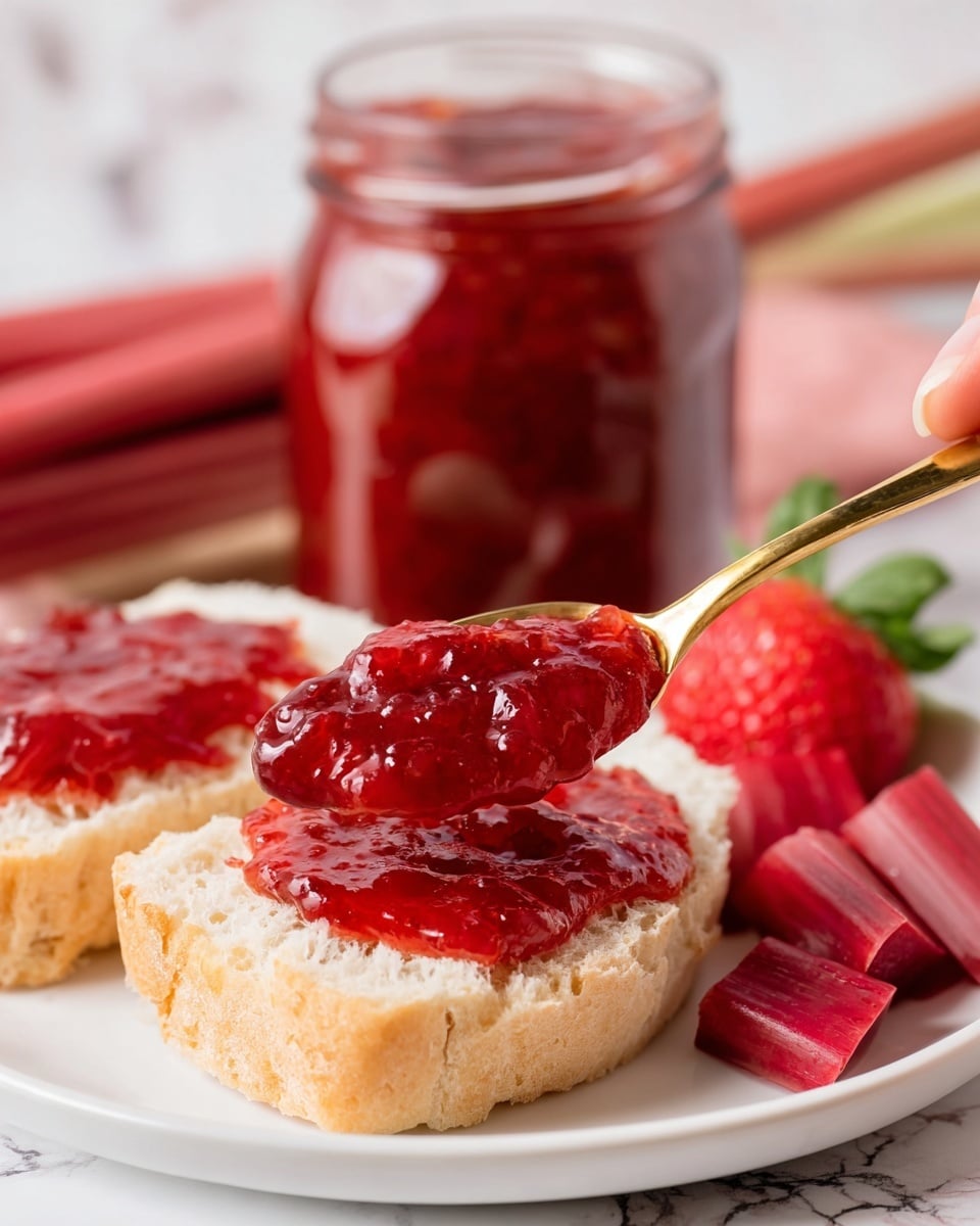 A close-up shows a small clear glass jar filled with bright red strawberry jam that has a thick, slightly chunky texture. A gold spoon lifts a scoop of the jam above the jar. Next to the jar on a white plate are fresh red strawberries with green leaves and pieces of red rhubarb. Behind the jar, there’s a wooden bowl full of strawberries, slightly blurred. In the front right, a piece of bread with red jam spread on top is partially visible. The whole scene is set on a white marbled surface with a colorful cloth peeking in on the bottom left. Photo taken with an iphone --ar 4:5 --v 7
