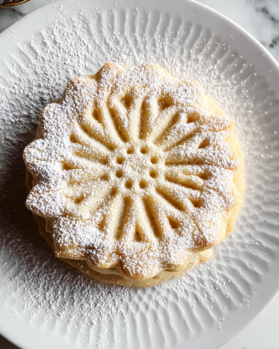 A single round cookie with a golden-brown color and a soft texture is centered on a white plate with a subtle textured pattern. The top of the cookie has an intricate floral design with petal shapes radiating from a middle circle, giving it a delicate look. The edges are scalloped, adding to its charm. Light dustings of white powdered sugar are spread evenly on the cookie’s surface and around the plate, creating a snowy effect. The background is a white marbled surface, making the cookie stand out clearly. Photo taken with an iphone --ar 4:5 --v 7