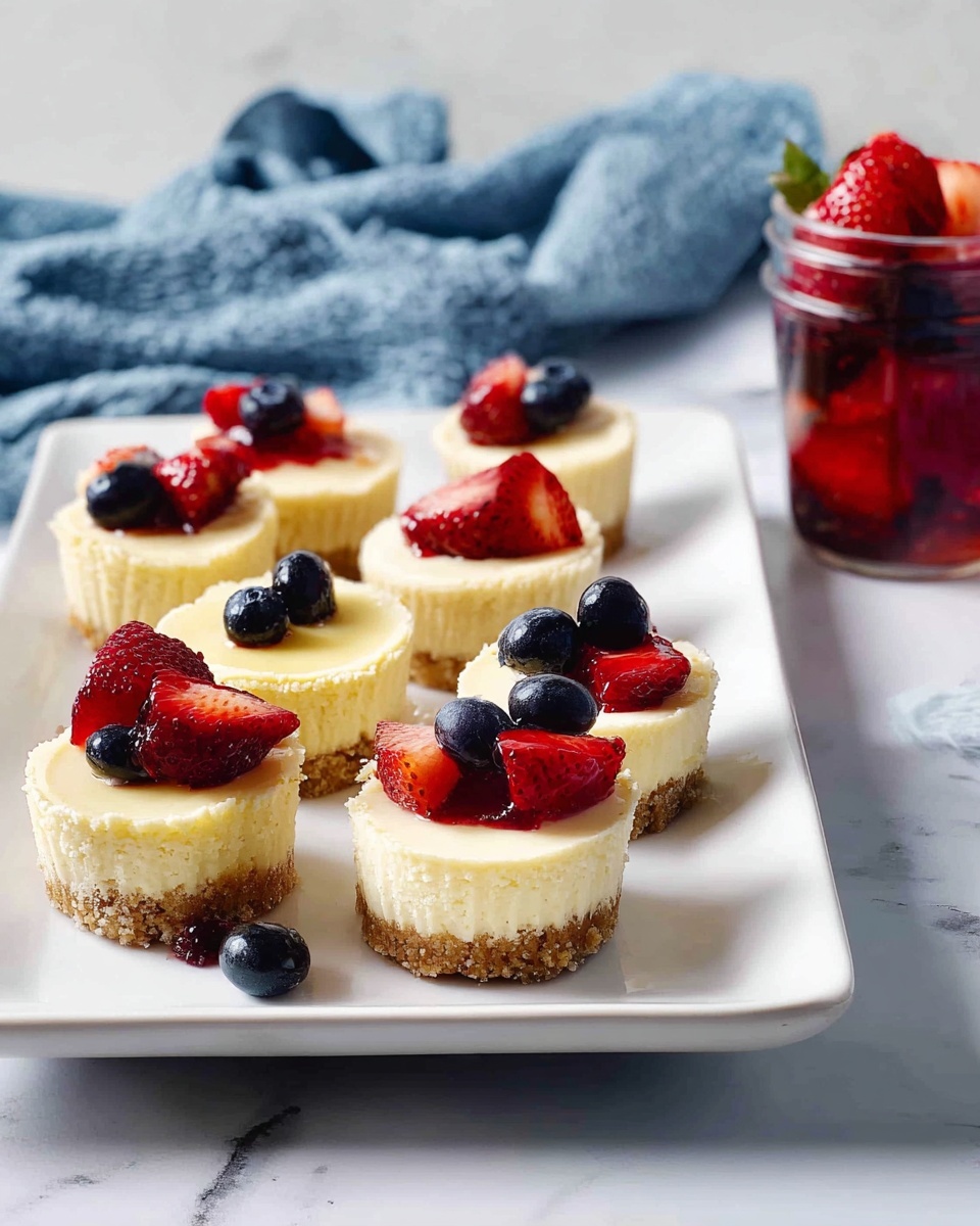 Four small cheesecakes are stacked vertically on a white marbled surface. Each cheesecake has two layers: a bottom crumbly brown crust with a rough texture, and a thick, creamy pale yellow top layer with a smooth finish. The cheesecakes have slight indentations on the top edges, showing a soft texture. In the background, a soft blue cloth and a glass jar with red and dark fruits add color blur but no sharp focus. Photo taken with an iphone --ar 4:5 --v 7