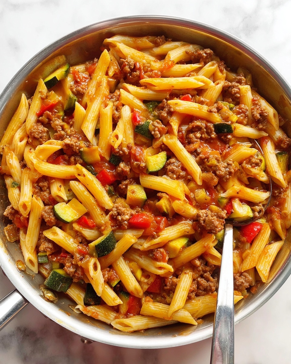 In a shiny silver pan filled with penne pasta mixed with small pieces of cooked ground meat, there are chunks of green zucchini, red bell pepper, and bits of tomato sauce. The pasta is yellowish-orange, coated lightly with sauce, and the vegetables add green and red color spots. A silver serving spoon rests inside the pan. The pan is placed on a white marbled surface photo taken with an iphone --ar 4:5 --v 7