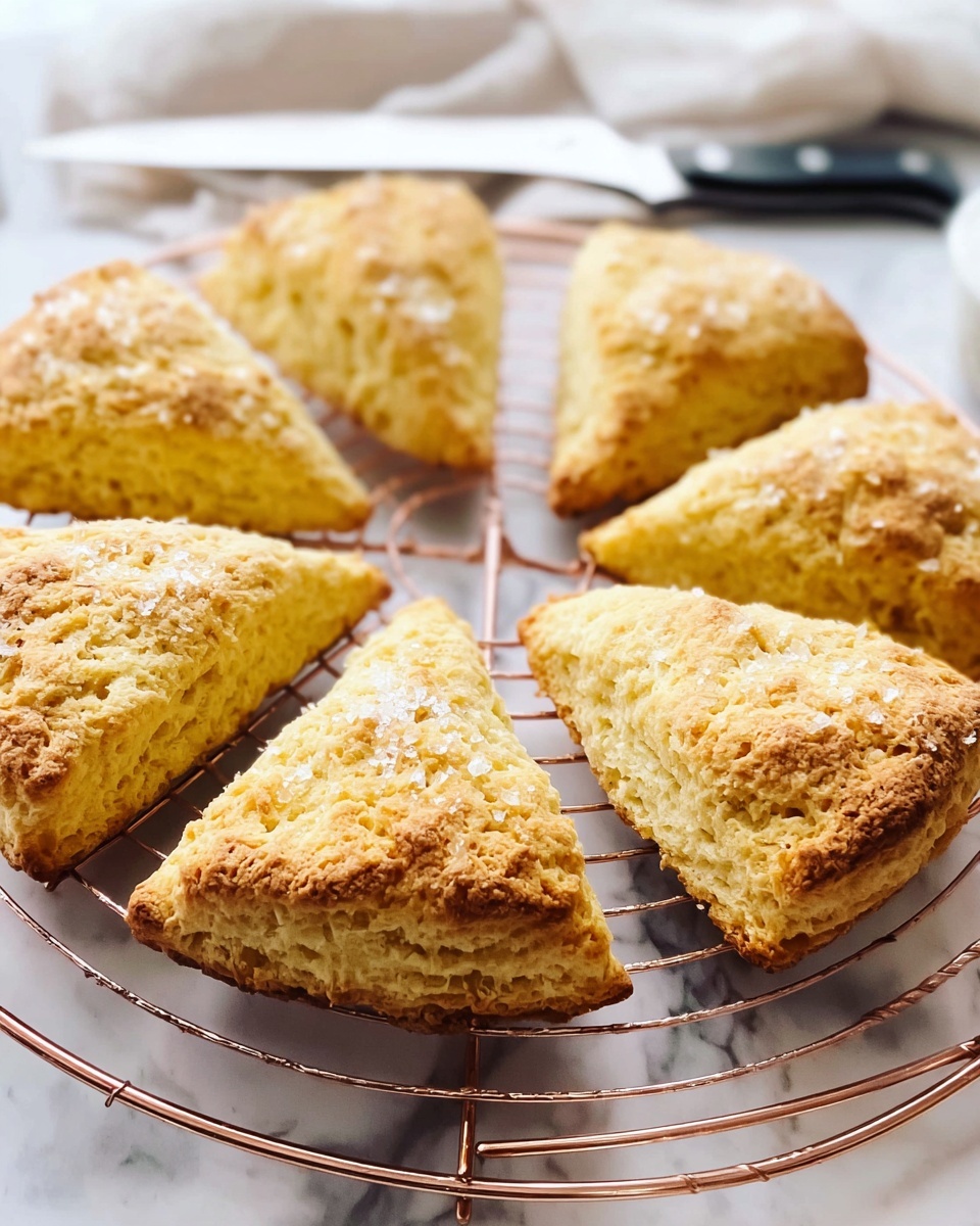 Eight golden brown scones with a crumbly texture are arranged in a circle on a round copper wire cooling rack. The scones are triangle-shaped, showing a slightly rough surface with small cracks and a light sprinkle of sugar on top. The rack is placed on a white marbled surface, with a blurred knife and white cloth in the background, adding a cozy kitchen feel. photo taken with an iphone --ar 4:5 --v 7