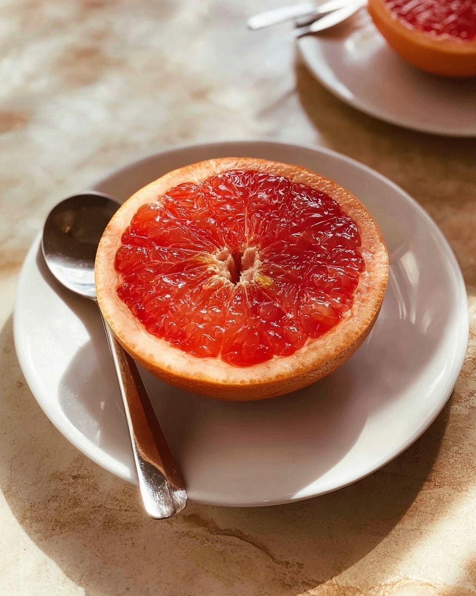 The image shows two halves of a bright red grapefruit placed on a white plate, sitting on a white marbled surface. Each half reveals the juicy, textured flesh inside, with a light pinkish-white center and a slightly rough orange rind surrounding the edges. Next to the grapefruit halves is a shiny silver spoon with a serrated edge, its reflective surface catching light. The scene is simple and clean, focused on the fresh fruit and the spoon. Photo taken with an iphone --ar 4:5 --v 7