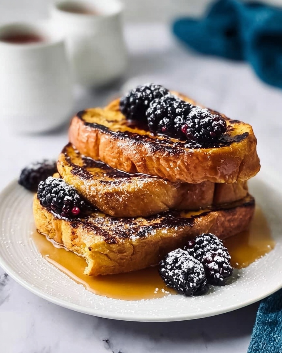 Three thick slices of golden brown French toast with dark grilled marks are stacked on a white plate. Rich syrup pools beneath the toast, adding a glossy shine. Fresh blackberries are placed between and around the toast, some dusted with fine powdered sugar. The plate sits on a white marbled surface with blurred white cups and a blue cloth in the background. Photo taken with an iphone --ar 4:5 --v 7
