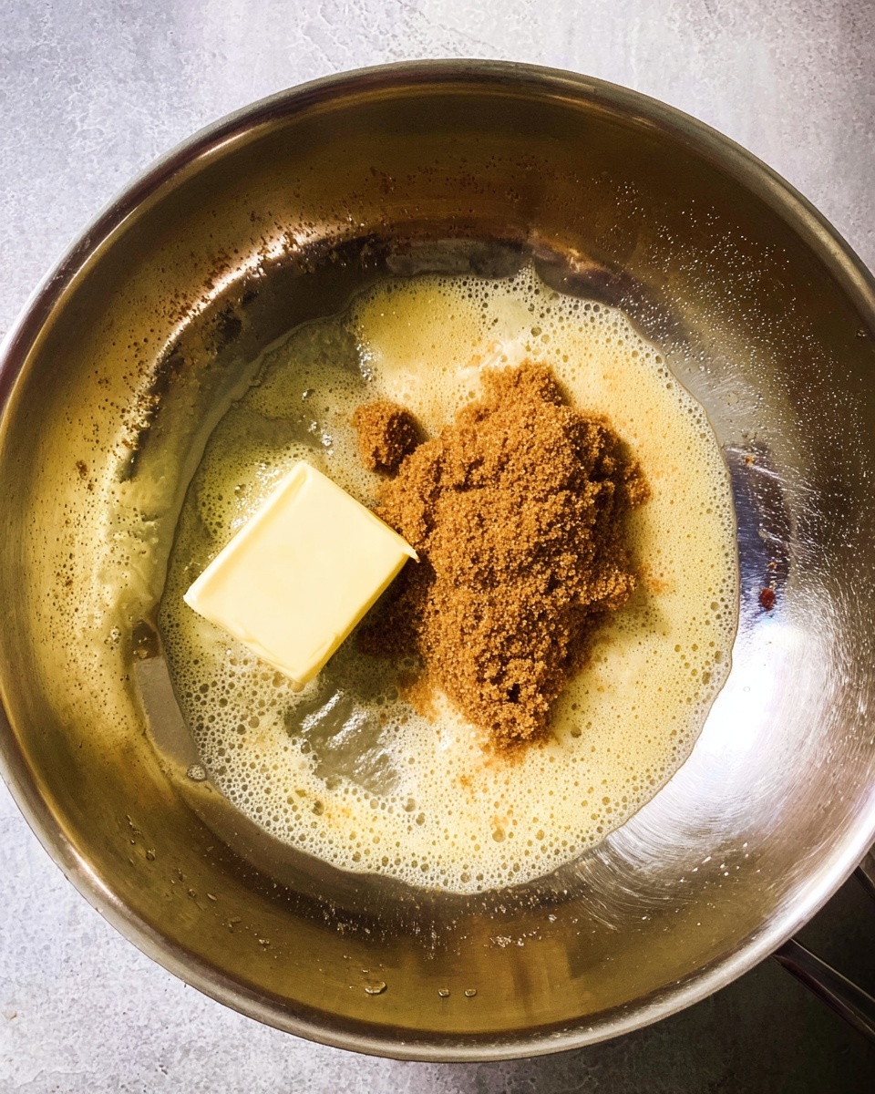 Inside a shiny silver pan, there is a small block of light yellow butter melting beside a heap of dark golden brown sugar. The butter is starting to melt, creating a foamy pale yellow layer that spreads over the bottom of the pan. The brown sugar looks slightly crumbly and moist, resting on the glossy melted butter. The pan’s surface is slightly worn and reflective, with a few dark spots around the edges. The setup is simple and focuses closely on the melting process. Photo taken with an iphone --ar 4:5 --v 7