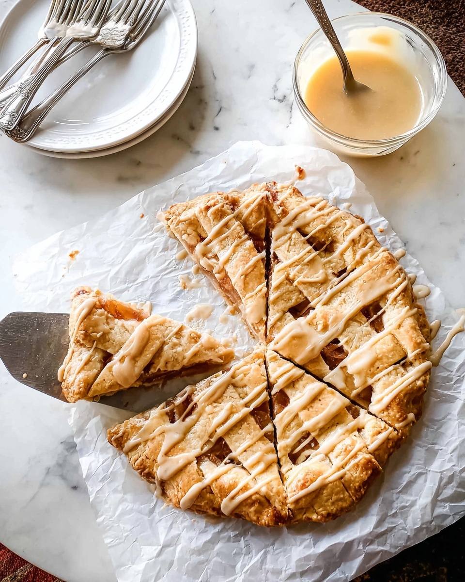A round apple galette with a golden brown crust folded over edges, topped with thin, overlapping slices of baked apple arranged in a circular pattern. The galette is drizzled with a light cream-colored glaze in thin lines across the top. One slice is slightly pulled out with a silver utensil. Next to the galette, a clear glass bowl holds a thick cream-colored sauce with a fork inside. All items rest on crumpled white parchment paper set against a white marbled texture. photo taken with an iphone --ar 4:5 --v 7