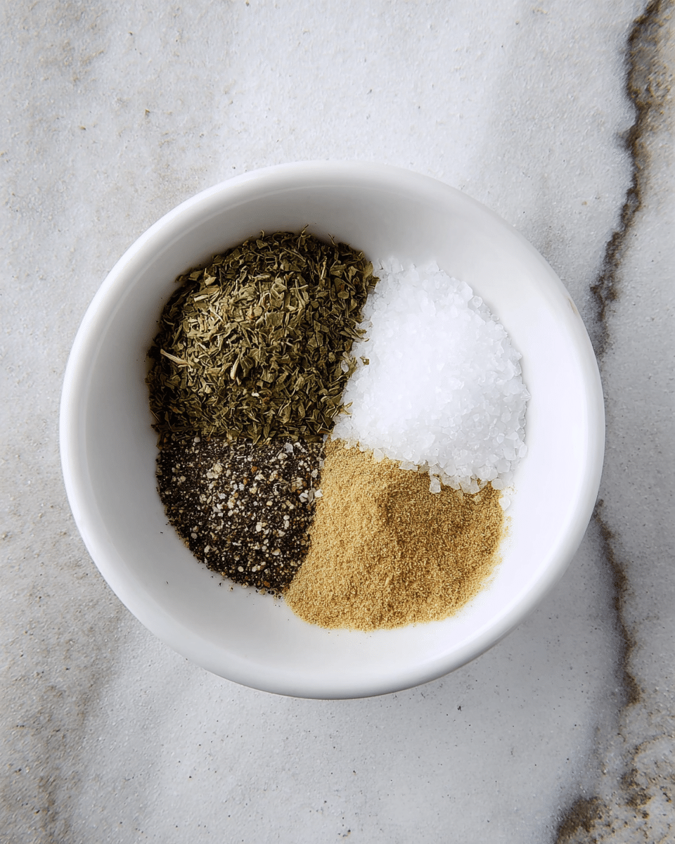 A white bowl with four sections of spices inside, placed on a white marbled surface. The top left section has dried green herbs with a textured, leafy look. The top right section contains coarse white salt crystals. The bottom left section has a pile of ground black pepper with a fine, grainy texture. The bottom right section holds a light brown-yellow powder with a smooth, powdery texture. The spices are arranged neatly without mixing. photo taken with an iphone --ar 4:5 --v 7