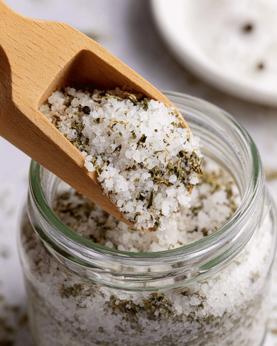 A close-up view shows a glass jar filled with coarse white salt mixed with small green herb flakes and black pepper specks. A wooden scoop is lifting some of the salt mixture out of the jar, displaying the coarse texture of the salt crystals and the tiny dispersed herbs. The background has a white marbled texture with a bit of a white ceramic plate blurred in the back, giving a clean and fresh look. photo taken with an iphone --ar 4:5 --v 7