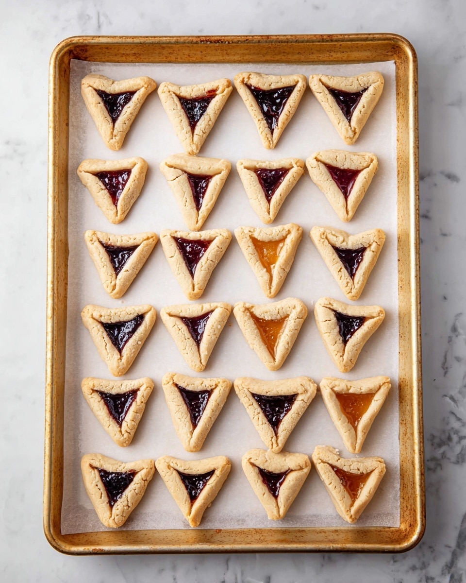 The image shows five triangular-shaped pastries with golden-brown crusts dusted with white powdered sugar. Each pastry has a hollow triangle in the center, filled with a dark, textured filling that contrasts with the light dough. The pastries rest on a silver cooling rack with visible grid lines. The background below the rack features a white marbled texture. The photo taken with an iphone --ar 4:5 --v 7