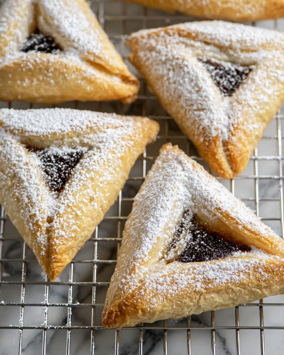 The image shows a close-up view of many triangle-shaped pastries with golden brown edges and soft beige dough on a wire cooling rack. The pastries are arranged in rows, and each one has a slightly puffed texture with some showing a dark filling peeking through the open corners. Powdered sugar is falling evenly from above onto the pastries, creating a light white dusting on top of the warm dough. The background is blurred dark wood, and a woman's hand is seen sprinkling the sugar from the top right corner. photo taken with an iphone --ar 4:5 --v 7