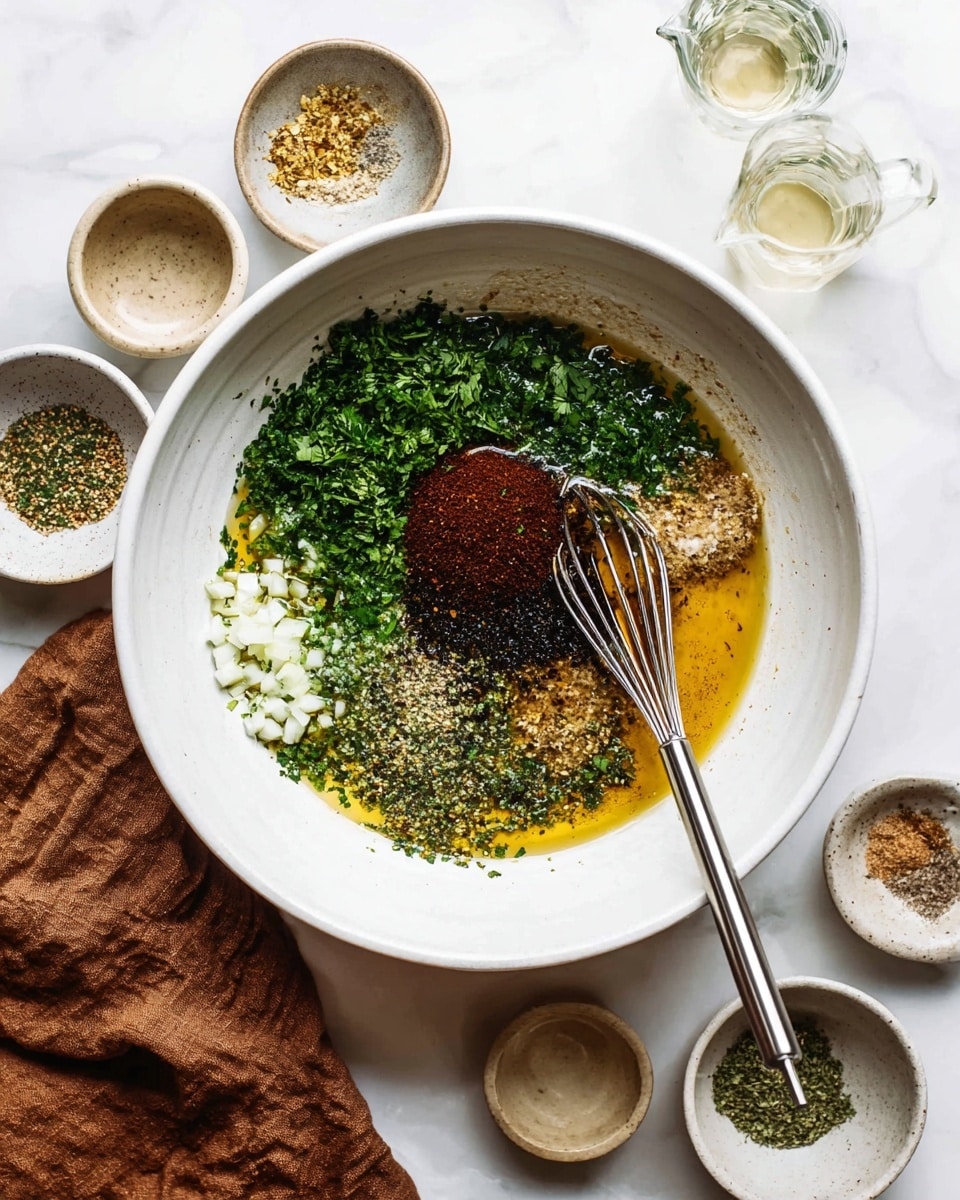 A large white bowl sits on a white marbled surface, filled with several layers of ingredients waiting to be mixed. The layers include finely chopped green herbs on two sides, a dark brown powder near the top center, golden oil forming a liquid base, small chopped white pieces near the bottom, and a sprinkle of greenish dried herbs along the bottom edge. A silver whisk with a long handle rests inside the bowl, touching the ingredient layers. Surrounding the bowl are small white and neutral-toned bowls and glasses, some containing bits of herbs or spices, and a brown cloth napkin lies partially under the main bowl. photo taken with an iphone --ar 4:5 --v 7