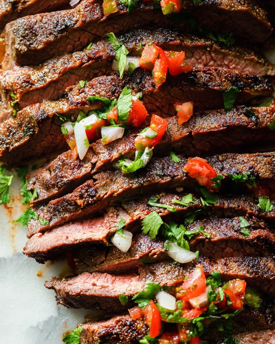 A wooden board holds a sliced steak with a dark brown outside and a pink inside, layered from thick to thin slices across the board. The steak is topped with small pieces of red tomato, white onion, and green herbs. Lime wedges and fresh cilantro sprigs are placed around the steak on the board. A small white bowl filled with a chunky mix of tomatoes, onions, and herbs sits at the top left corner of the board. On a white marbled surface around the board, there are sliced avocados, extra cilantro, lime wedges, and grilled white tortillas with char marks, partly visible near the top and right edges. photo taken with an iphone --ar 4:5 --v 7